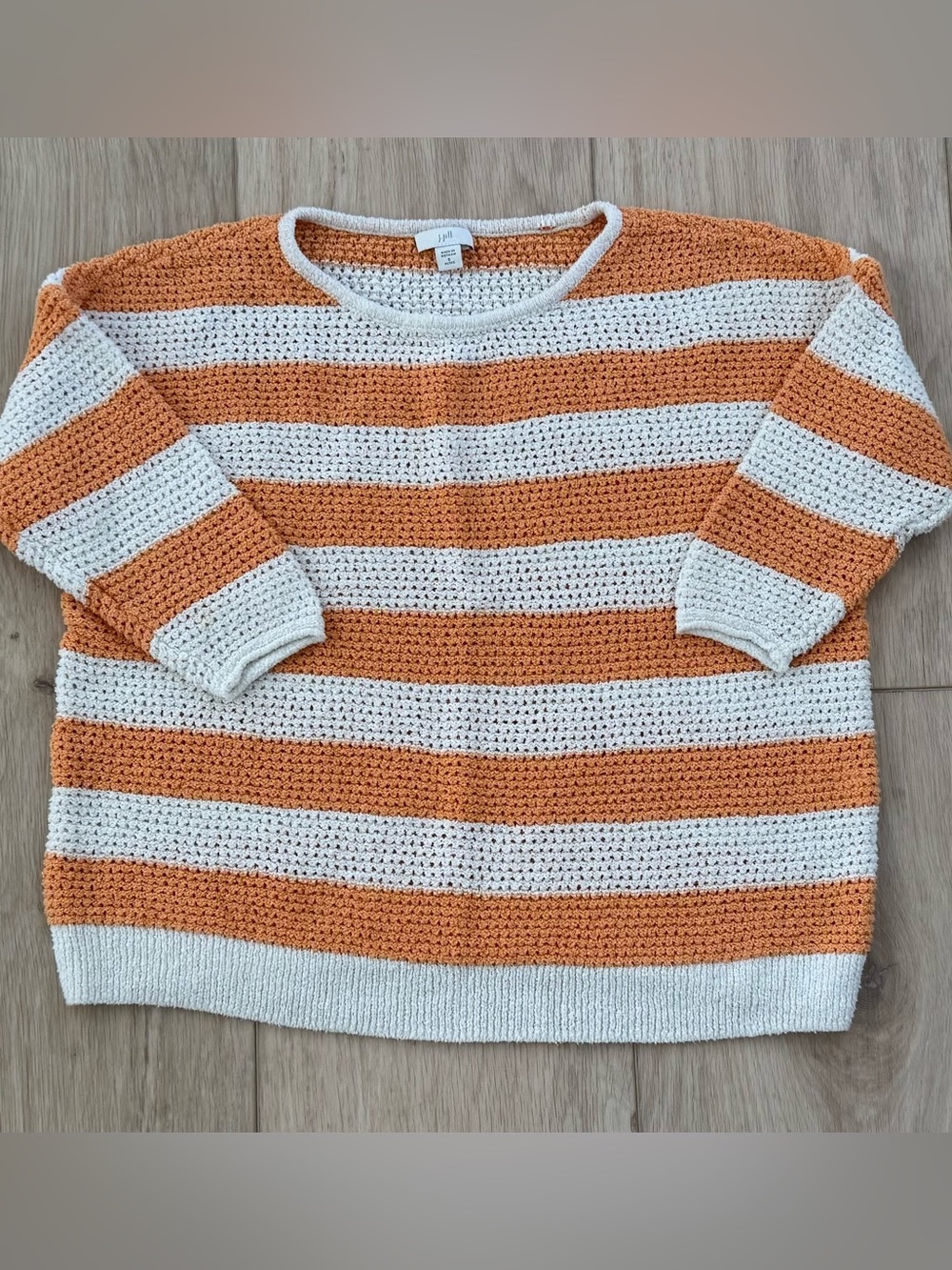 Women’s J. Jill petite Small orange white stripe crochet knit sweater 3/4 sleeve
